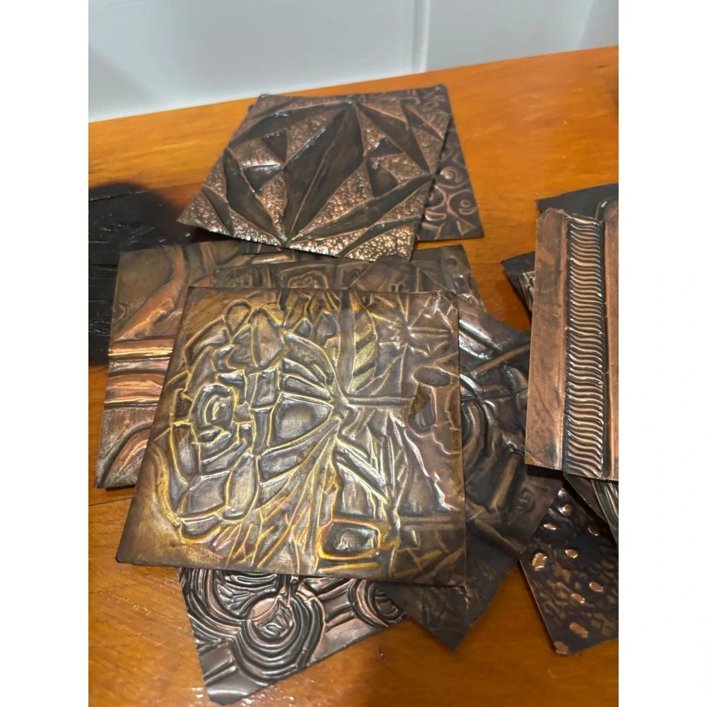 Vintage Handmade Copper Repousse Tiles Lot 18 Count 4x4 Abstract Art Supplies